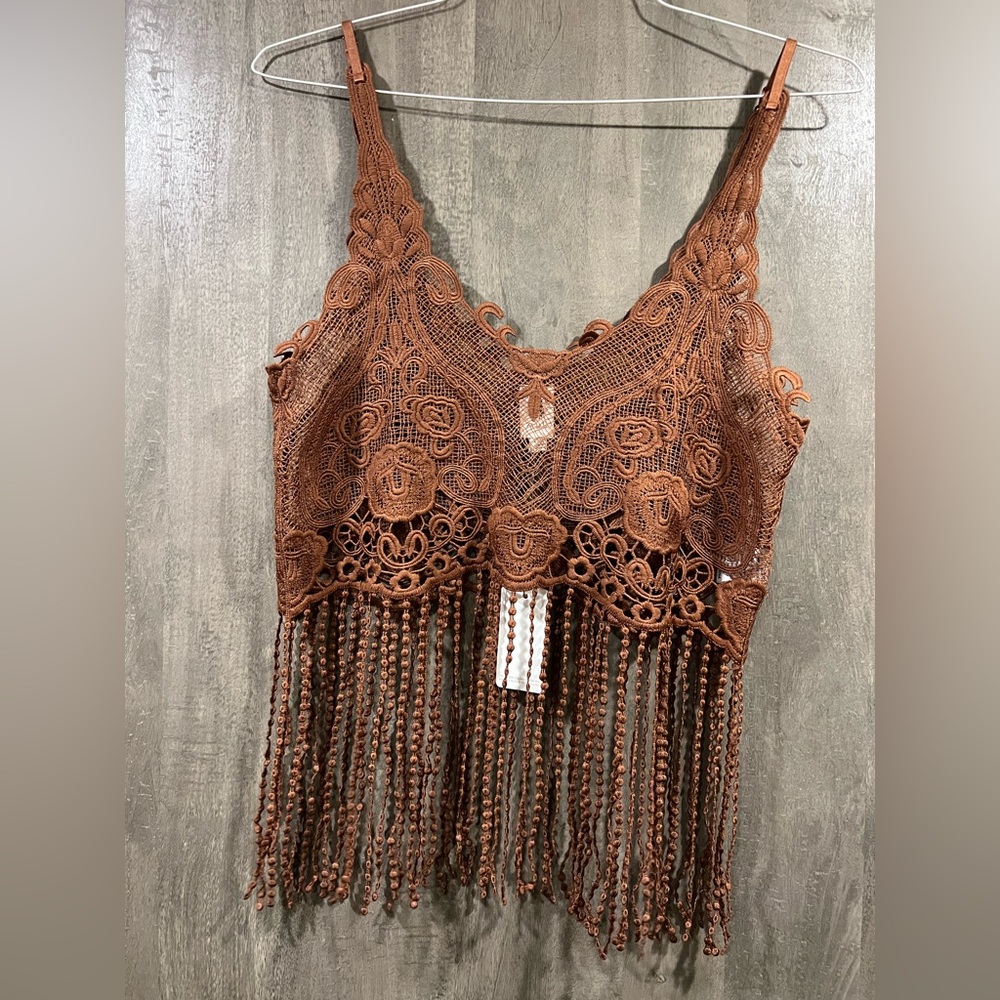 Brown Crochet Fringe Crop Top size small /xsmall